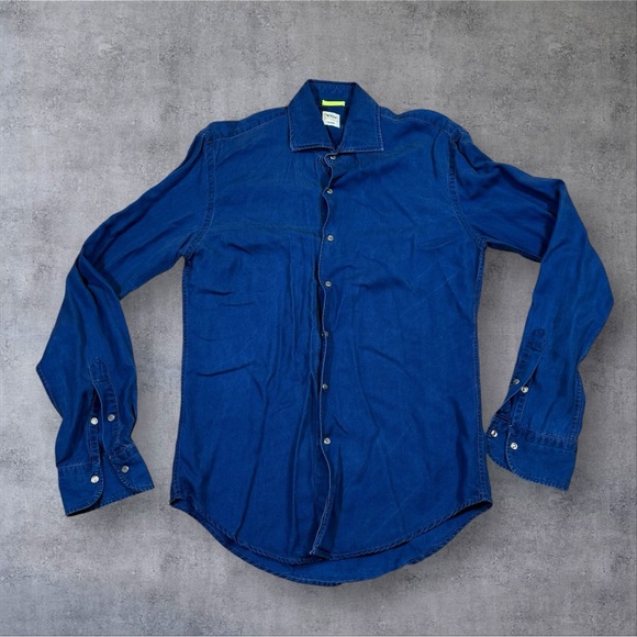 Boggi Milano Men’s Snap Button Blue Long Sleeve‎ Tencel Shirt Men’s Size Small - Picture 2 of 9